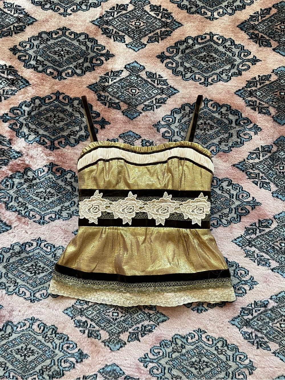 Nanette Lepore Metallic Silk Floral Lace Corset Bustier Top
